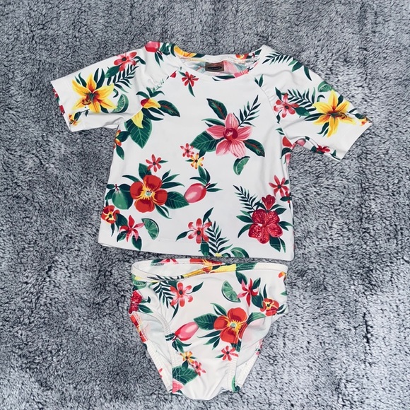 Old navy girls floral print swimsuit. White, red, green and yellow. 12-18 months - Picture 1 of 1